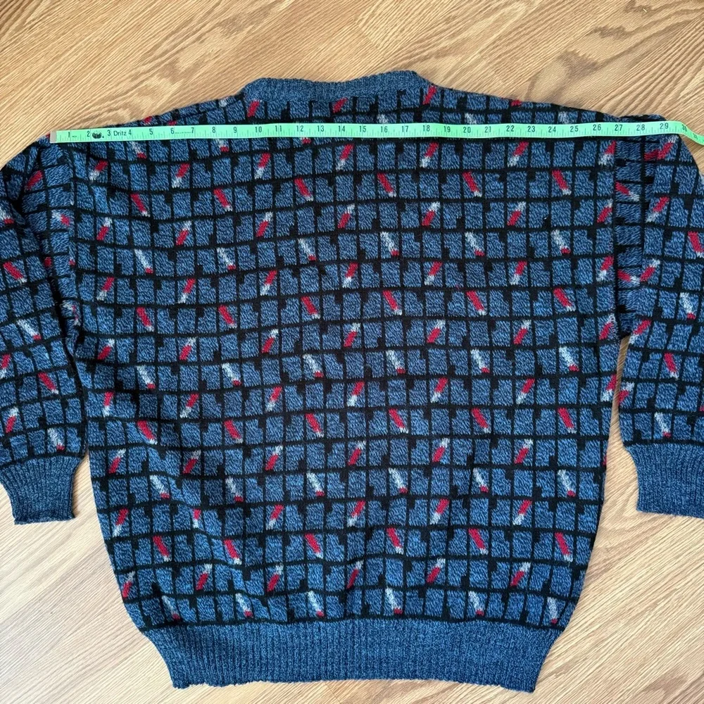 Renzo Y2K Men's Blue and Red Geometric Patterned Wool Sweater XL Made in Italy‎